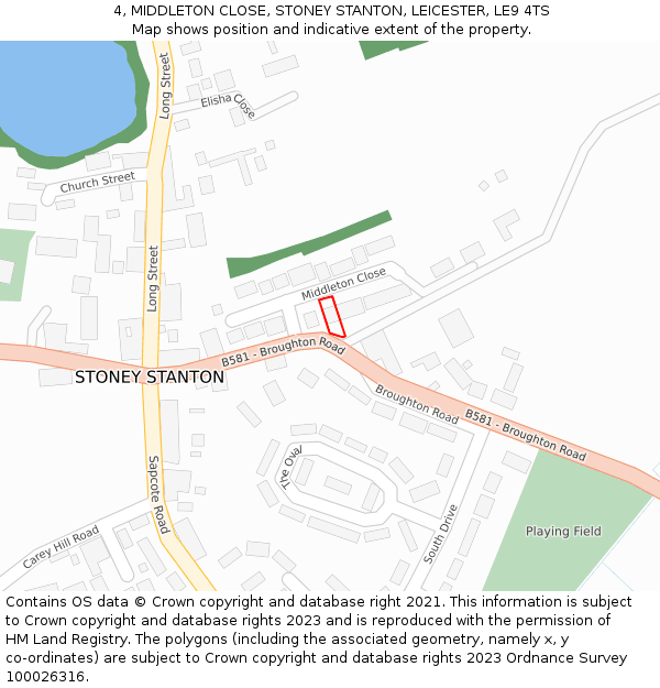 4, MIDDLETON CLOSE, STONEY STANTON, LEICESTER, LE9 4TS: Location map and indicative extent of plot