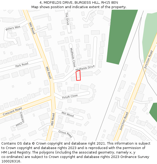 4, MIDFIELDS DRIVE, BURGESS HILL, RH15 8EN: Location map and indicative extent of plot