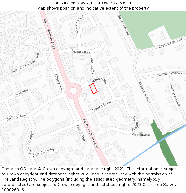 4, MIDLAND WAY, HENLOW, SG16 6FH: Location map and indicative extent of plot