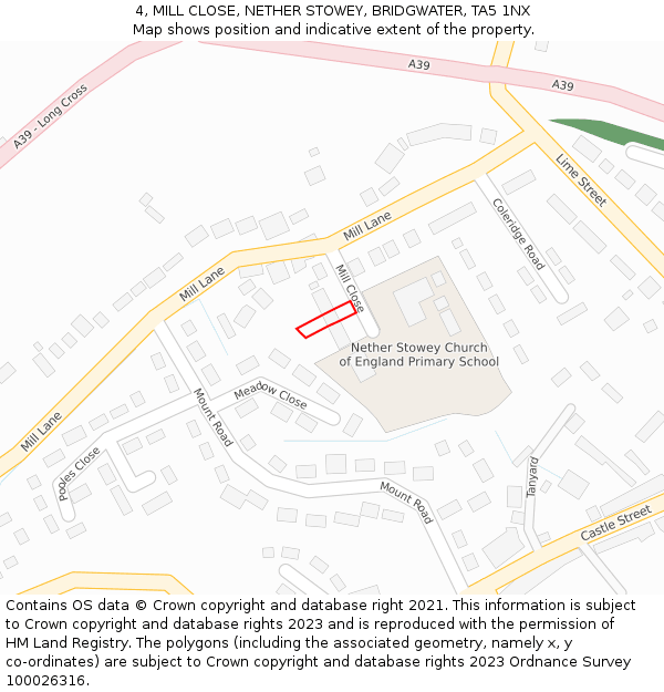 4, MILL CLOSE, NETHER STOWEY, BRIDGWATER, TA5 1NX: Location map and indicative extent of plot