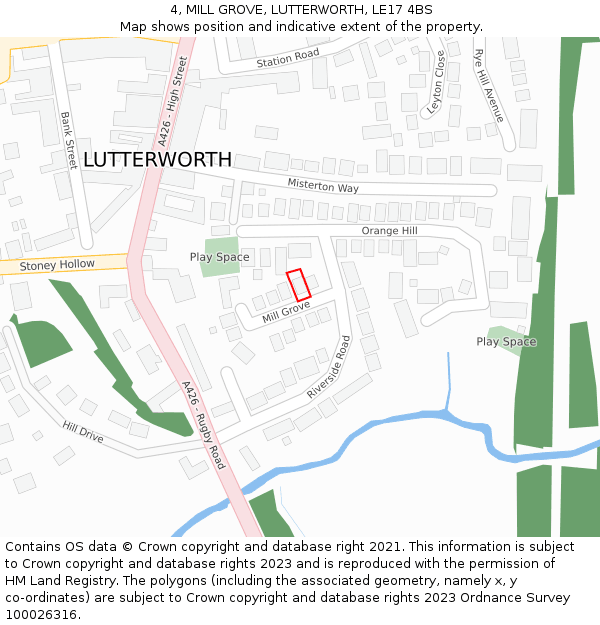 4, MILL GROVE, LUTTERWORTH, LE17 4BS: Location map and indicative extent of plot