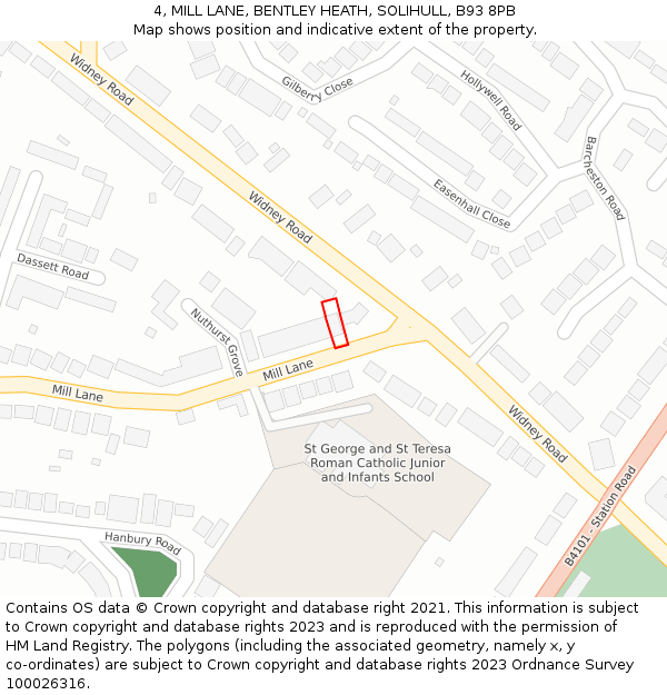 4, MILL LANE, BENTLEY HEATH, SOLIHULL, B93 8PB: Location map and indicative extent of plot