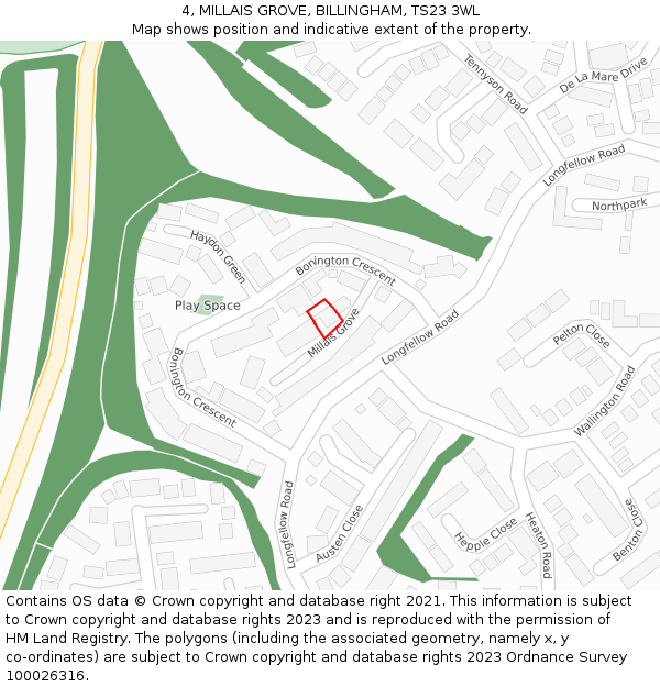 4, MILLAIS GROVE, BILLINGHAM, TS23 3WL: Location map and indicative extent of plot