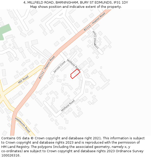 4, MILLFIELD ROAD, BARNINGHAM, BURY ST EDMUNDS, IP31 1DY: Location map and indicative extent of plot