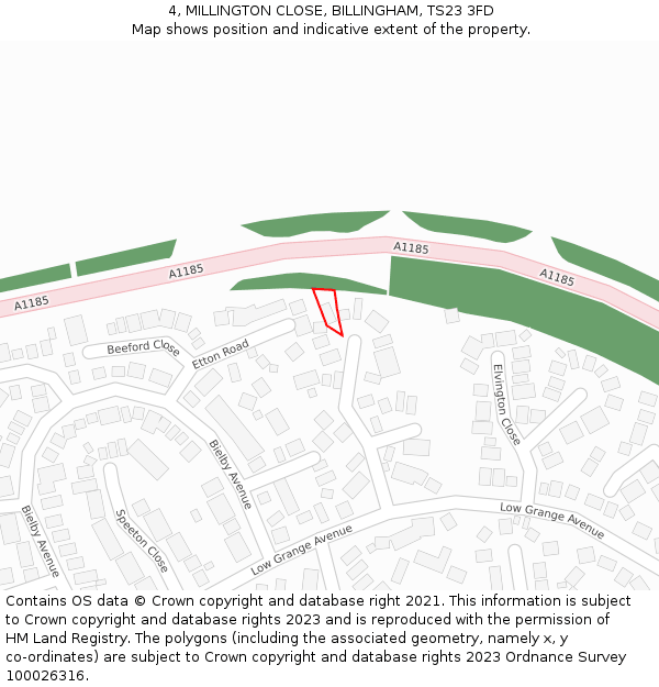 4, MILLINGTON CLOSE, BILLINGHAM, TS23 3FD: Location map and indicative extent of plot