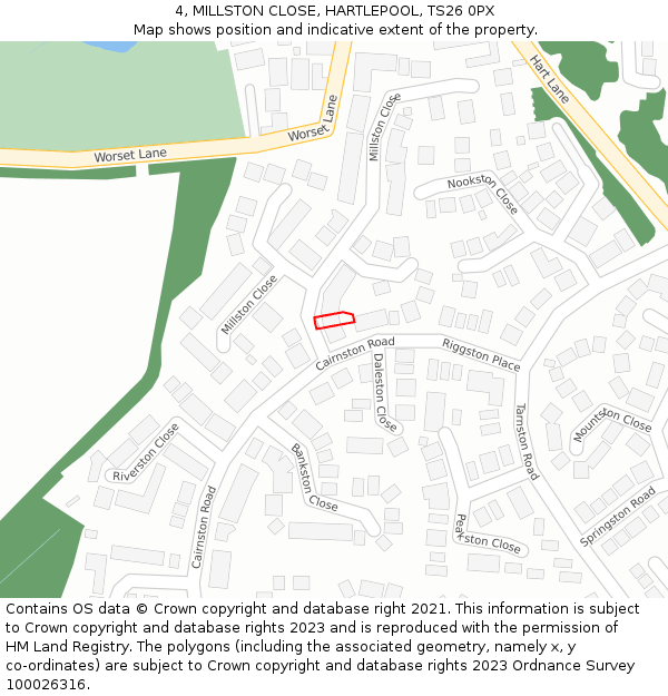 4, MILLSTON CLOSE, HARTLEPOOL, TS26 0PX: Location map and indicative extent of plot