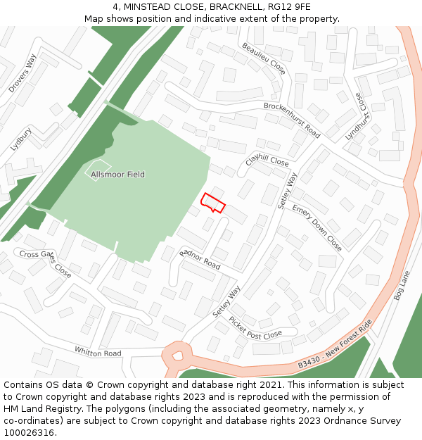 4, MINSTEAD CLOSE, BRACKNELL, RG12 9FE: Location map and indicative extent of plot