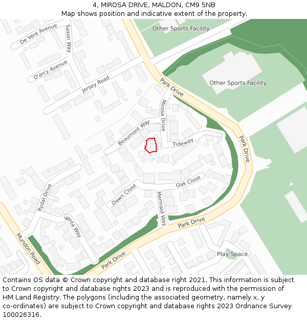 4, MIROSA DRIVE, MALDON, CM9 5NB: Location map and indicative extent of plot