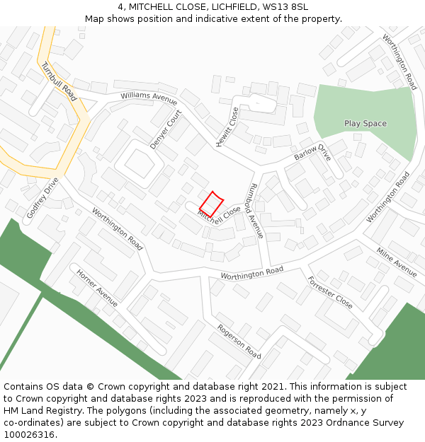 4, MITCHELL CLOSE, LICHFIELD, WS13 8SL: Location map and indicative extent of plot