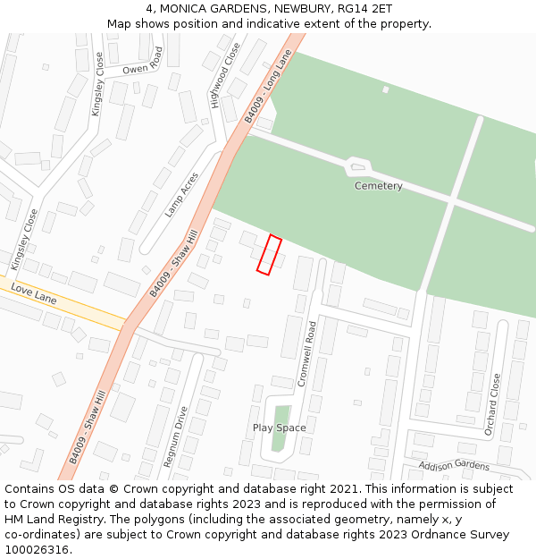 4, MONICA GARDENS, NEWBURY, RG14 2ET: Location map and indicative extent of plot