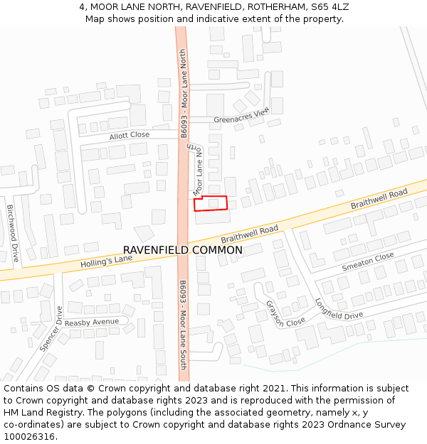 4, MOOR LANE NORTH, RAVENFIELD, ROTHERHAM, S65 4LZ: Location map and indicative extent of plot