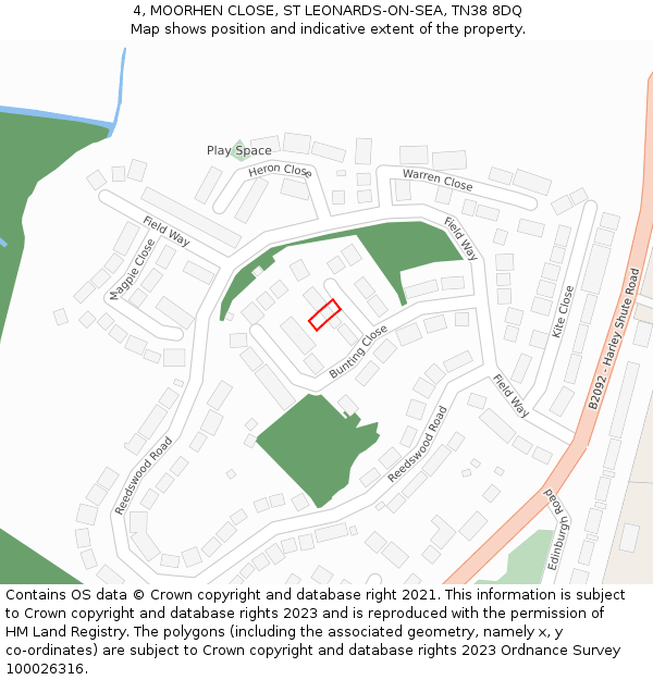 4, MOORHEN CLOSE, ST LEONARDS-ON-SEA, TN38 8DQ: Location map and indicative extent of plot