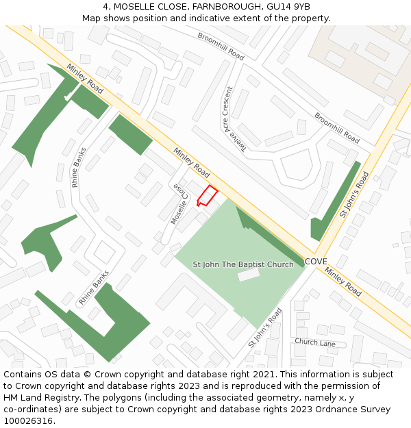 4, MOSELLE CLOSE, FARNBOROUGH, GU14 9YB: Location map and indicative extent of plot