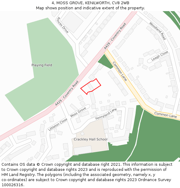 4, MOSS GROVE, KENILWORTH, CV8 2WB: Location map and indicative extent of plot