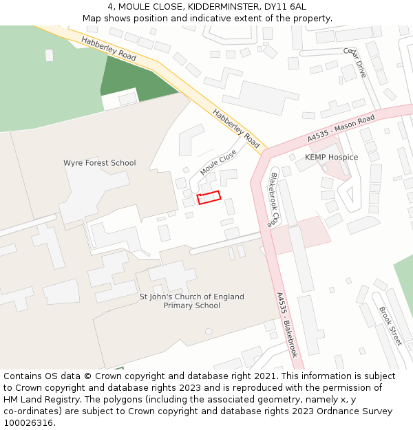 4, MOULE CLOSE, KIDDERMINSTER, DY11 6AL: Location map and indicative extent of plot