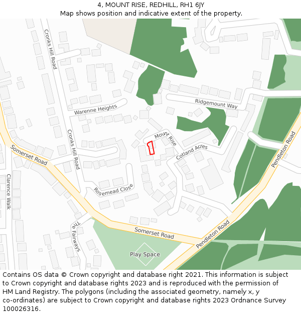 4, MOUNT RISE, REDHILL, RH1 6JY: Location map and indicative extent of plot