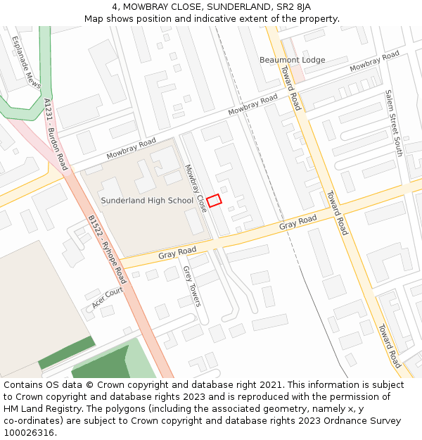 4, MOWBRAY CLOSE, SUNDERLAND, SR2 8JA: Location map and indicative extent of plot