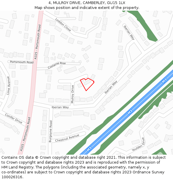 4, MULROY DRIVE, CAMBERLEY, GU15 1LX: Location map and indicative extent of plot