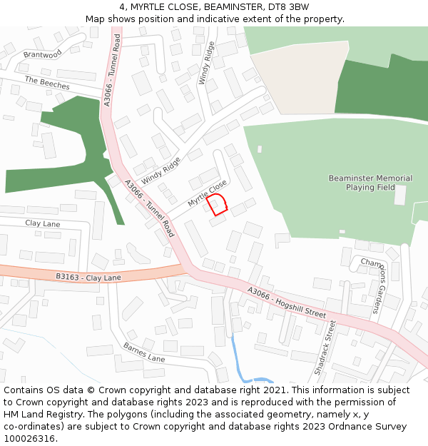 4, MYRTLE CLOSE, BEAMINSTER, DT8 3BW: Location map and indicative extent of plot