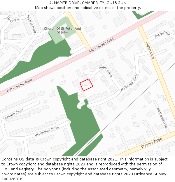 4, NAPIER DRIVE, CAMBERLEY, GU15 3UN: Location map and indicative extent of plot