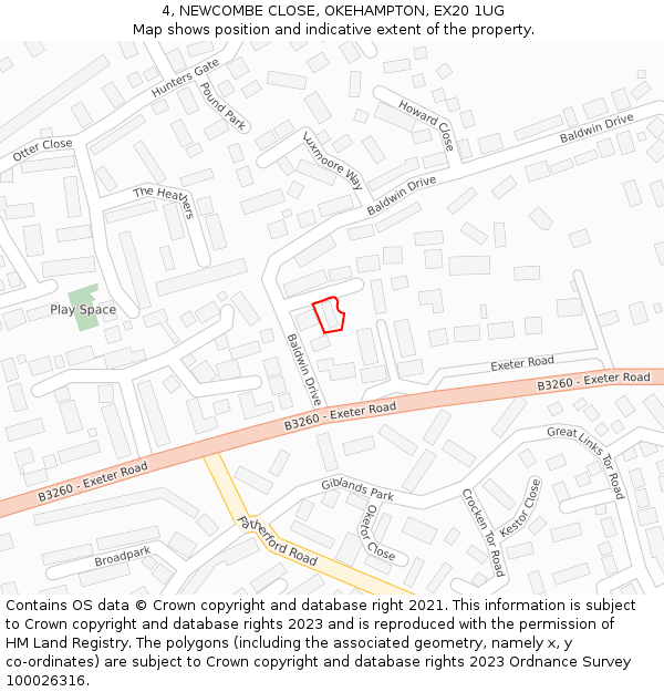 4, NEWCOMBE CLOSE, OKEHAMPTON, EX20 1UG: Location map and indicative extent of plot