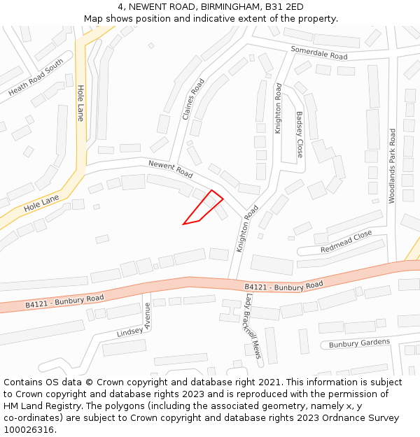 4, NEWENT ROAD, BIRMINGHAM, B31 2ED: Location map and indicative extent of plot