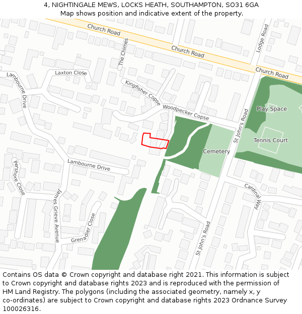 4, NIGHTINGALE MEWS, LOCKS HEATH, SOUTHAMPTON, SO31 6GA: Location map and indicative extent of plot