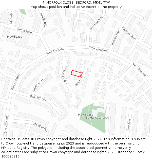 4, NORFOLK CLOSE, BEDFORD, MK41 7YW: Location map and indicative extent of plot