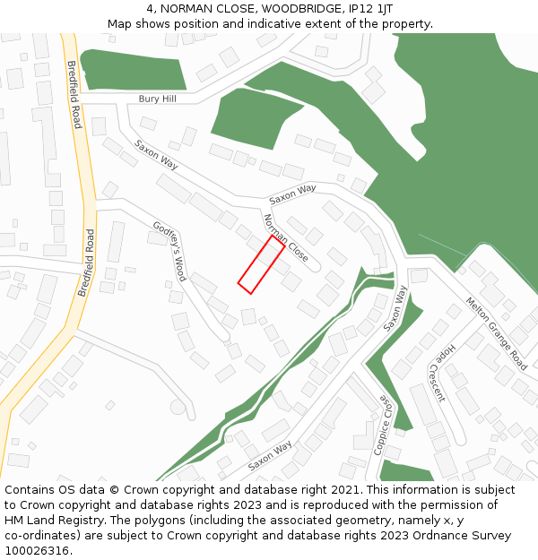 4, NORMAN CLOSE, WOODBRIDGE, IP12 1JT: Location map and indicative extent of plot