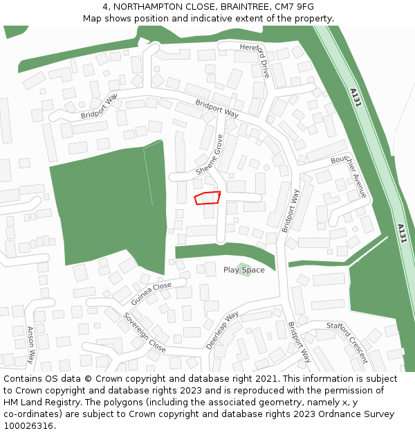 4, NORTHAMPTON CLOSE, BRAINTREE, CM7 9FG: Location map and indicative extent of plot