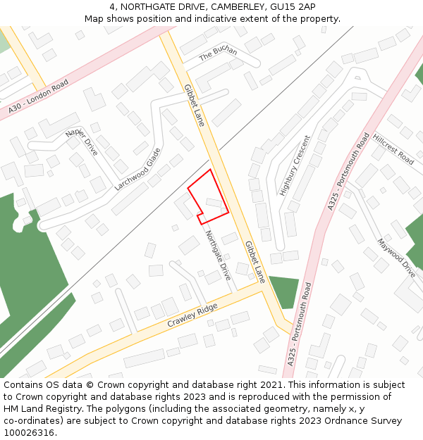 4, NORTHGATE DRIVE, CAMBERLEY, GU15 2AP: Location map and indicative extent of plot