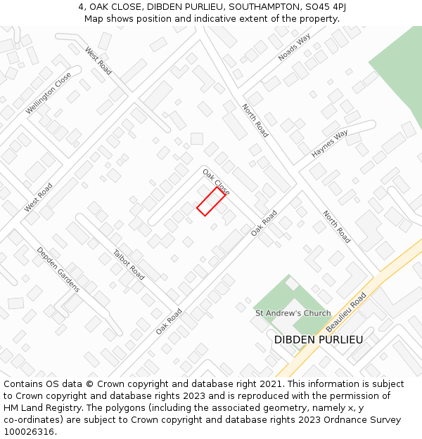 4, OAK CLOSE, DIBDEN PURLIEU, SOUTHAMPTON, SO45 4PJ: Location map and indicative extent of plot