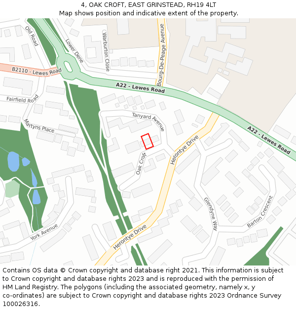 4, OAK CROFT, EAST GRINSTEAD, RH19 4LT: Location map and indicative extent of plot