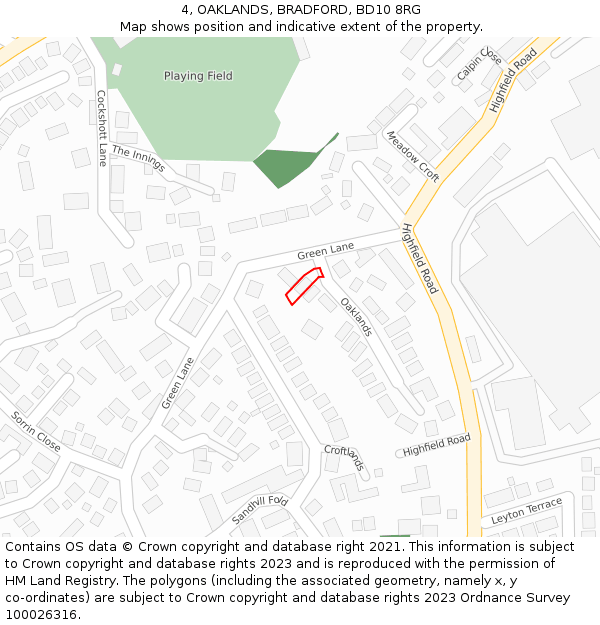 4, OAKLANDS, BRADFORD, BD10 8RG: Location map and indicative extent of plot