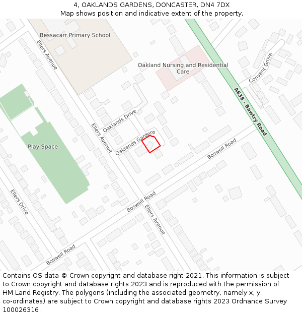 4, OAKLANDS GARDENS, DONCASTER, DN4 7DX: Location map and indicative extent of plot