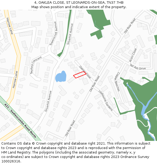 4, OAKLEA CLOSE, ST LEONARDS-ON-SEA, TN37 7HB: Location map and indicative extent of plot