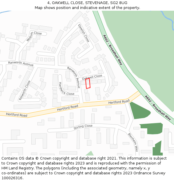 4, OAKWELL CLOSE, STEVENAGE, SG2 8UG: Location map and indicative extent of plot