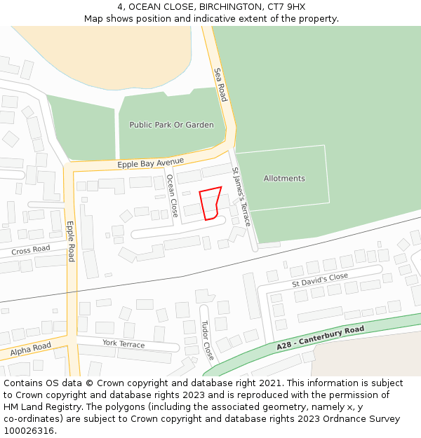 4, OCEAN CLOSE, BIRCHINGTON, CT7 9HX: Location map and indicative extent of plot