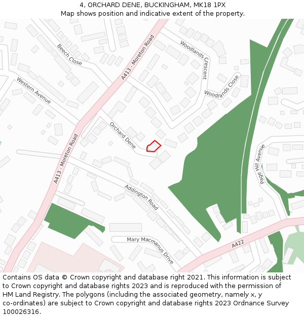 4, ORCHARD DENE, BUCKINGHAM, MK18 1PX: Location map and indicative extent of plot