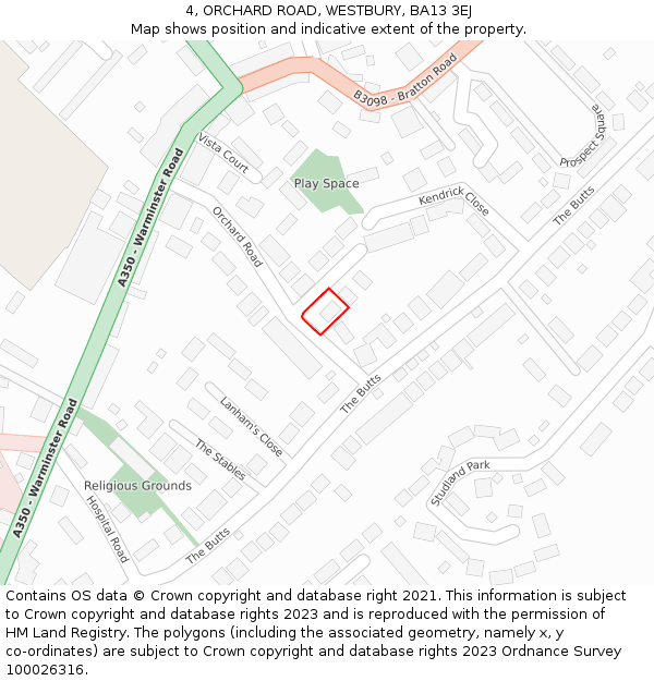 4, ORCHARD ROAD, WESTBURY, BA13 3EJ: Location map and indicative extent of plot