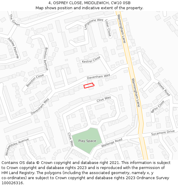 4, OSPREY CLOSE, MIDDLEWICH, CW10 0SB: Location map and indicative extent of plot