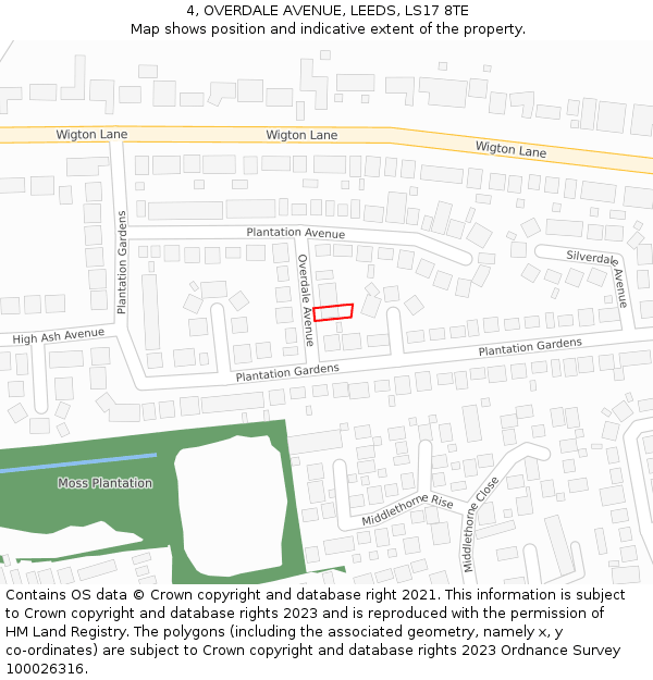 4, OVERDALE AVENUE, LEEDS, LS17 8TE: Location map and indicative extent of plot