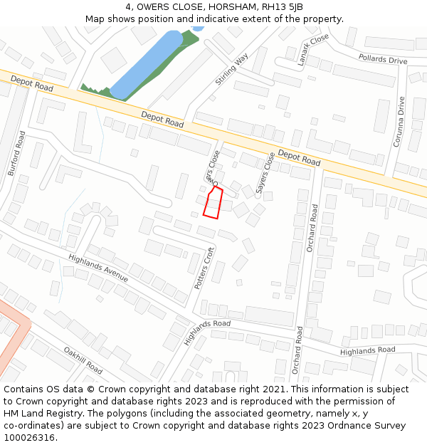 4, OWERS CLOSE, HORSHAM, RH13 5JB: Location map and indicative extent of plot