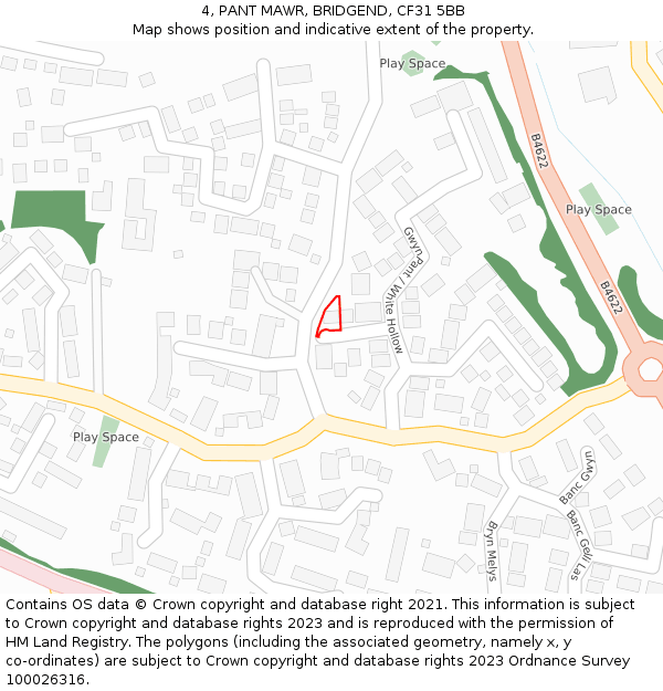 4, PANT MAWR, BRIDGEND, CF31 5BB: Location map and indicative extent of plot