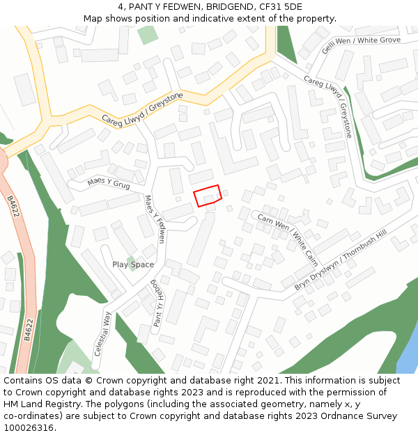 4, PANT Y FEDWEN, BRIDGEND, CF31 5DE: Location map and indicative extent of plot
