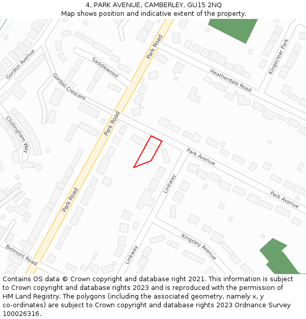 4, PARK AVENUE, CAMBERLEY, GU15 2NQ: Location map and indicative extent of plot