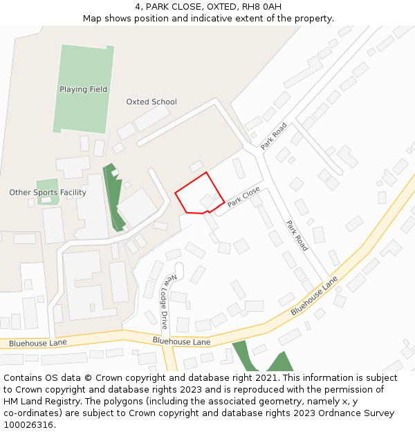 4, PARK CLOSE, OXTED, RH8 0AH: Location map and indicative extent of plot