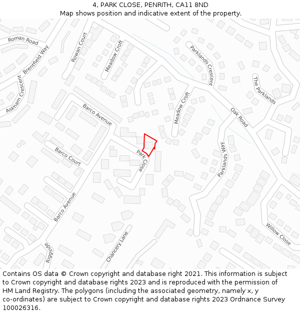 4, PARK CLOSE, PENRITH, CA11 8ND: Location map and indicative extent of plot