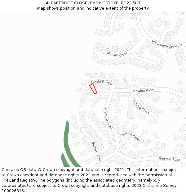 4, PARTRIDGE CLOSE, BASINGSTOKE, RG22 5UT: Location map and indicative extent of plot