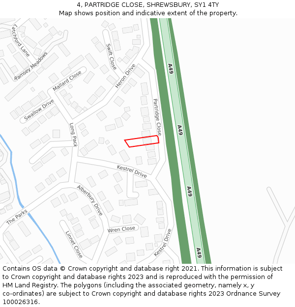 4, PARTRIDGE CLOSE, SHREWSBURY, SY1 4TY: Location map and indicative extent of plot